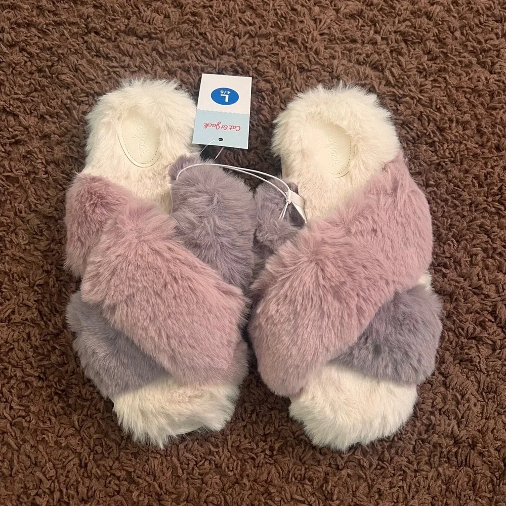 Cat & Jack Slide Slippers Girl Crossband Faux Fur Lavender Gray Size Large NWT‎